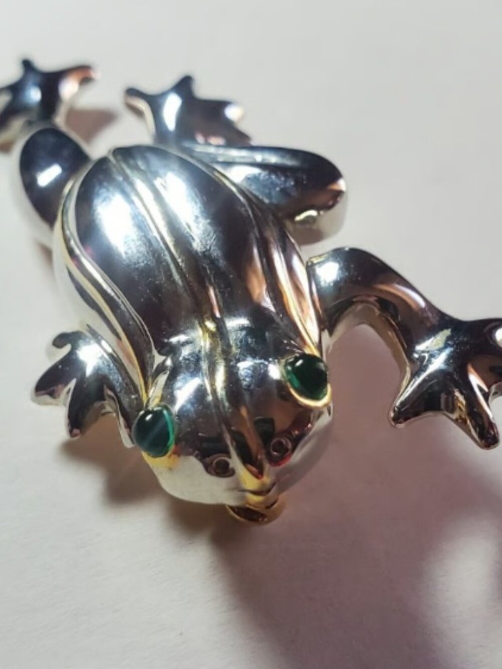 Vintage Frog Prince Brooch Silver And Gold Tone Emerald Green Eyes